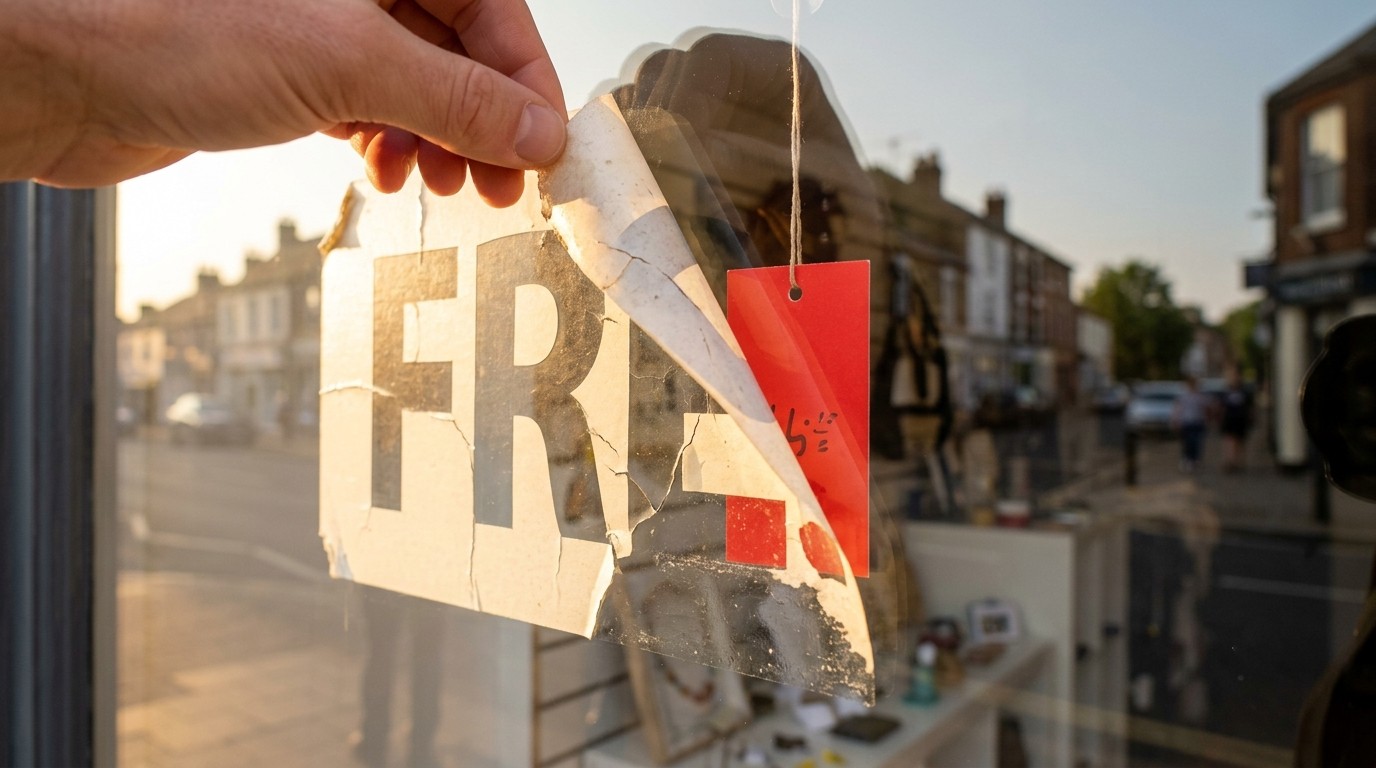 A hand peeling a faded FREE sticker off a shop window, revealing a new price tag behind the glass