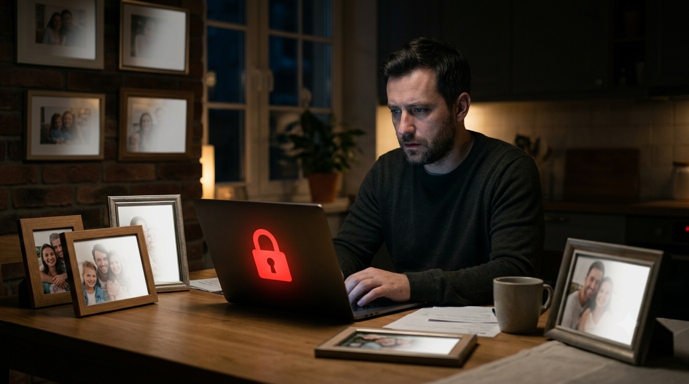 A worried father at a kitchen table at night, his laptop showing a red padlock