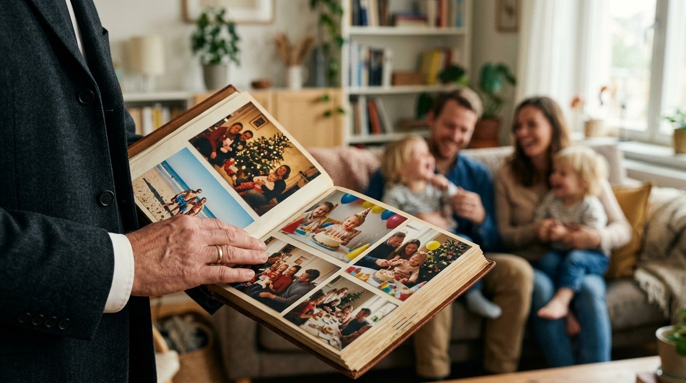 A stranger's hands holding an open family photo album