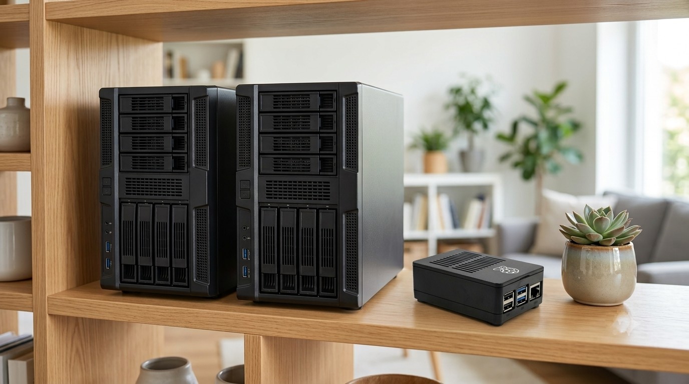 Two large NAS tower units beside a tiny single-board computer with a USB drive