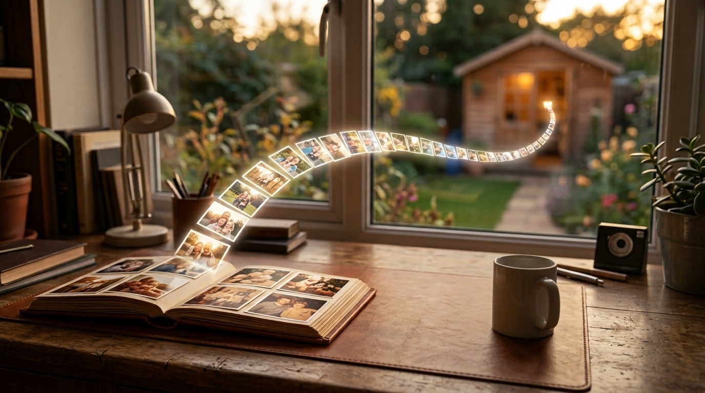 A glowing stream of family photographs arcing from an open album on a desk, out through the window towards a garden shed