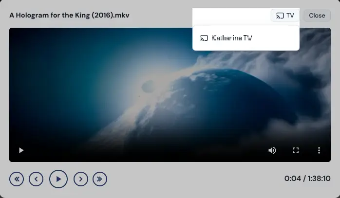 The film player with the TV menu open, listing a Chromecast TV