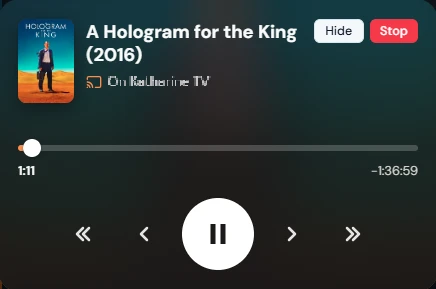 The TV remote showing the film's poster and title, the TV it is playing on, a position bar, and skip and play buttons