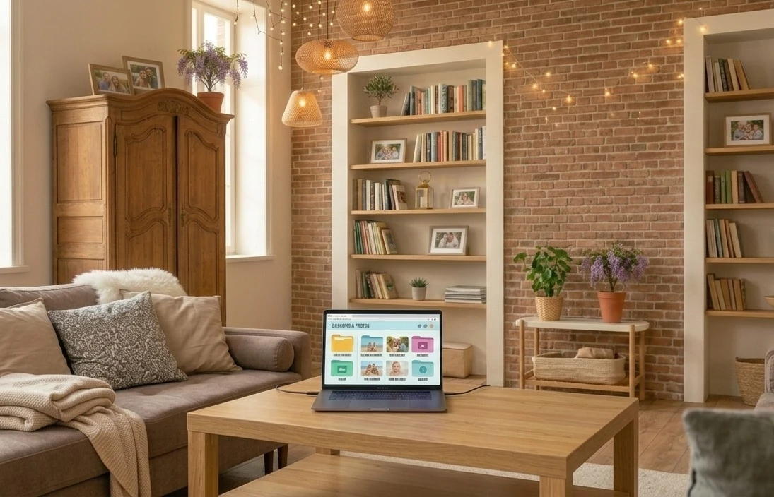 A laptop on a coffee table in a cosy living room, showing the myUSBdrive library