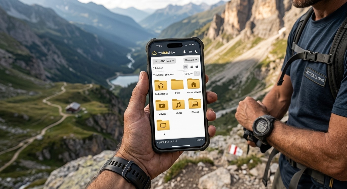 Hiker in the mountains browsing myUSBdrive files on a phone