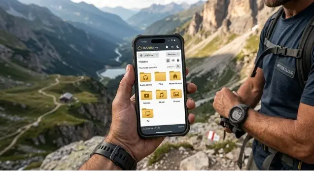 Hiker in the mountains browsing myUSBdrive files on a phone
