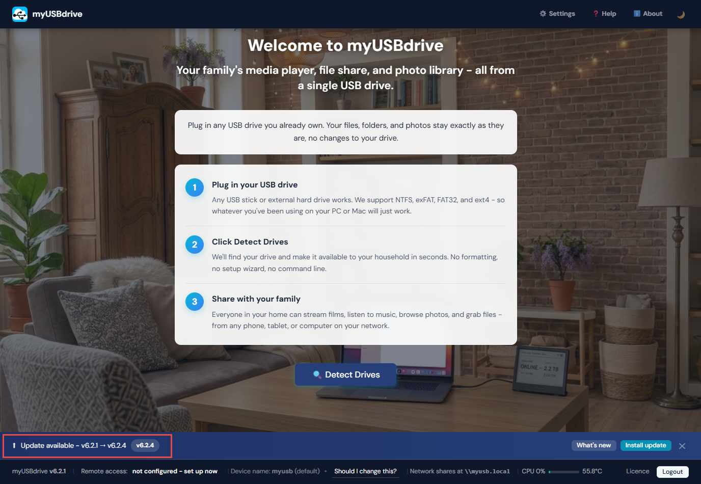 myUSBdrive - Dashboard with upgrade notification