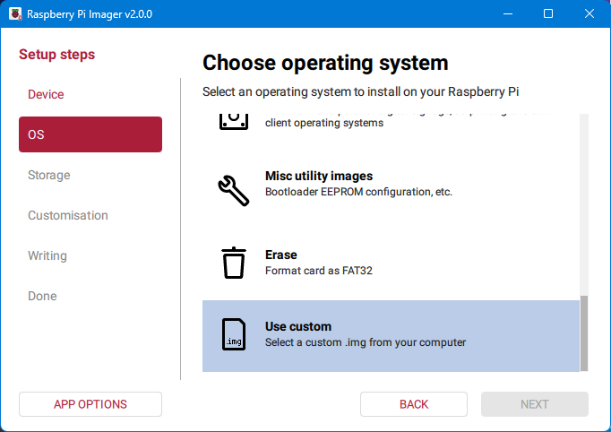 Raspberry Pi Imager - Choose OS, Use custom