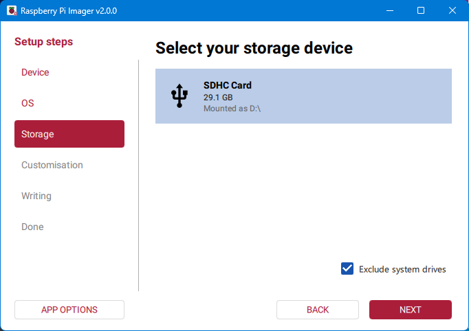 Raspberry Pi Imager - Select storage