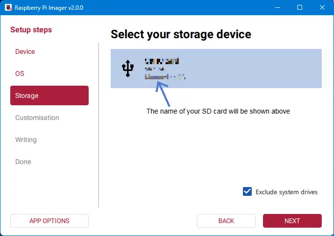 Raspberry Pi Imager - Select storage