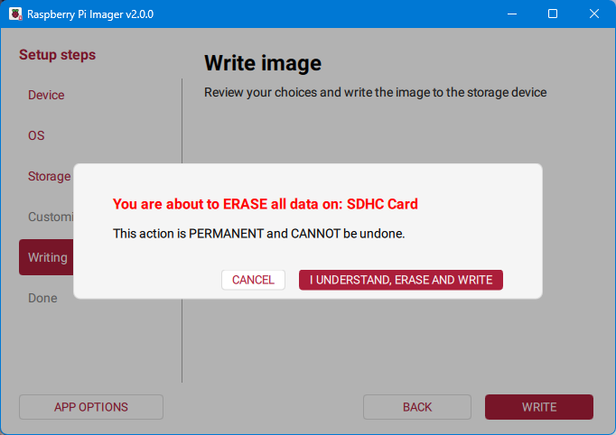 Raspberry Pi Imager - Erase warning