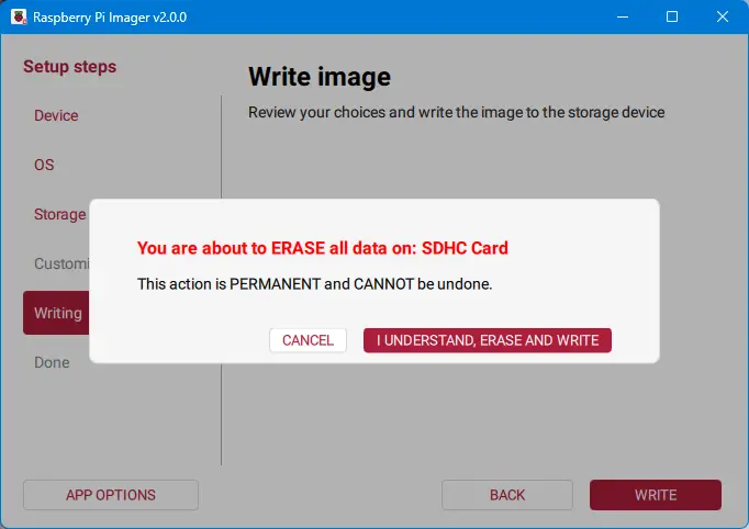 Raspberry Pi Imager - Erase warning