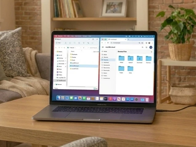 Laptop showing the network share and web file browser side by side