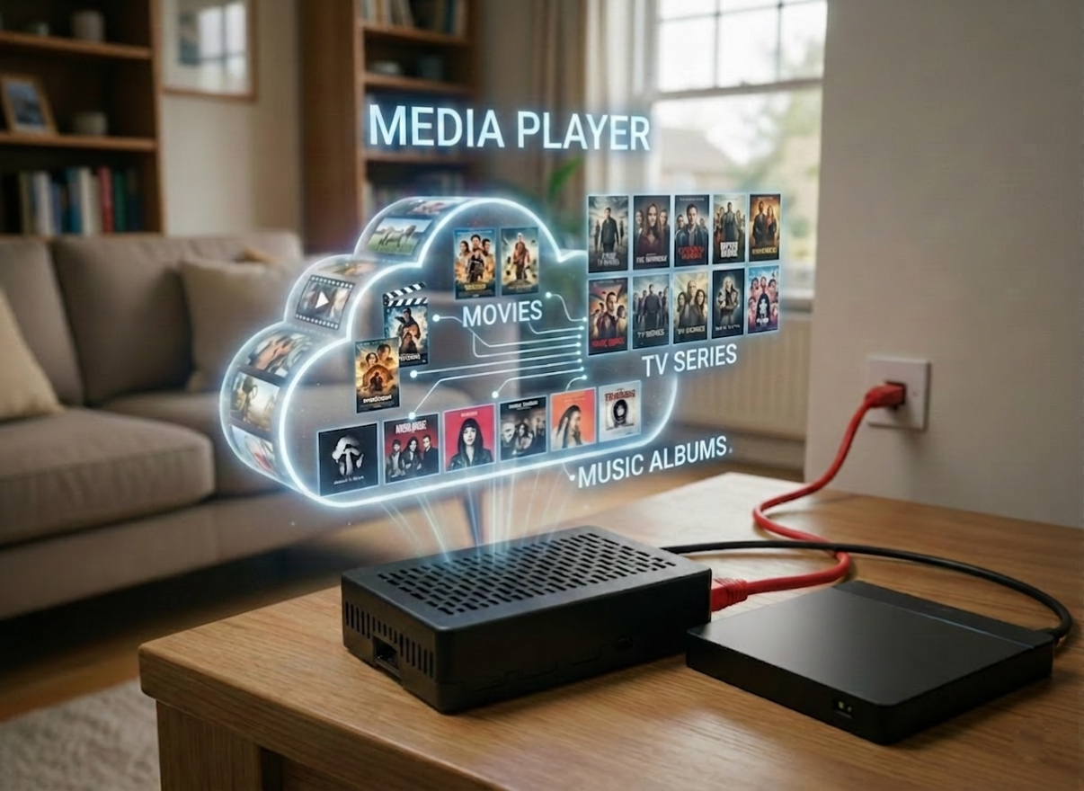 A Raspberry Pi and USB drive on a coffee table, with movies, TV series and music albums appearing above them