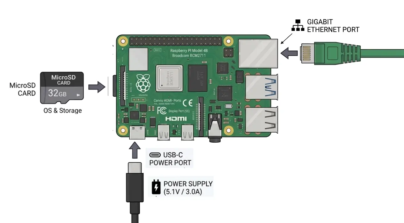 Raspberry Pi 4 showing where the microSD card, network cable and USB-C power supply plug in