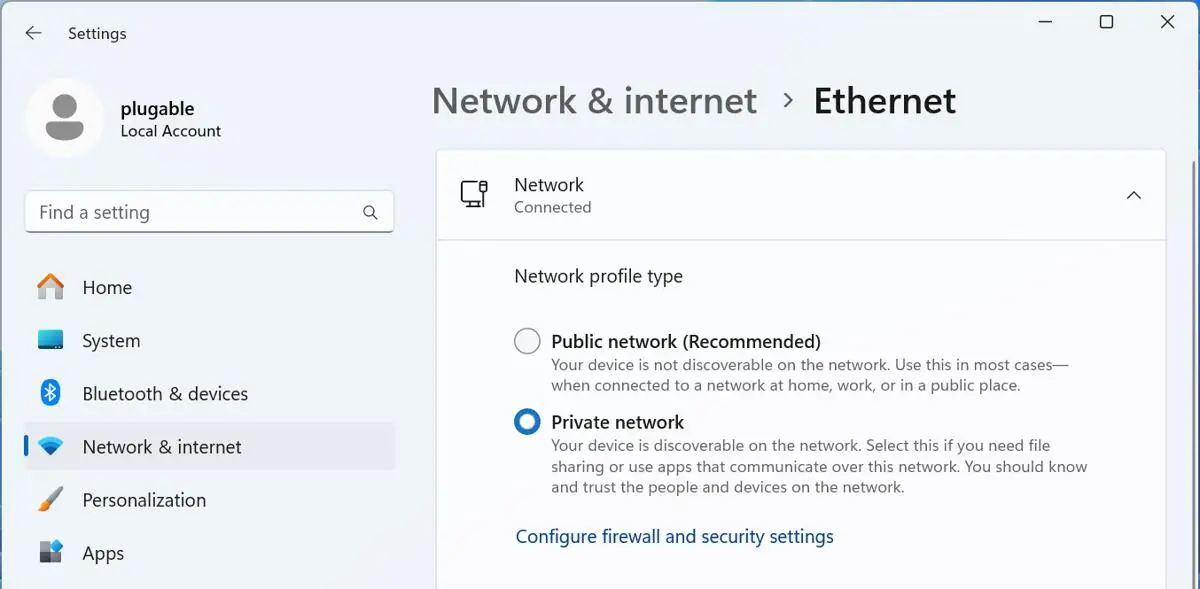 Windows Settings, Network & internet, Ethernet: Network profile type, with Private network selected