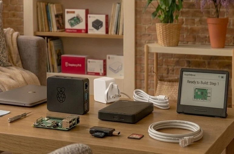 A Raspberry Pi in a case, power supply, USB drive, microSD card and reader, and a network cable laid out on a table